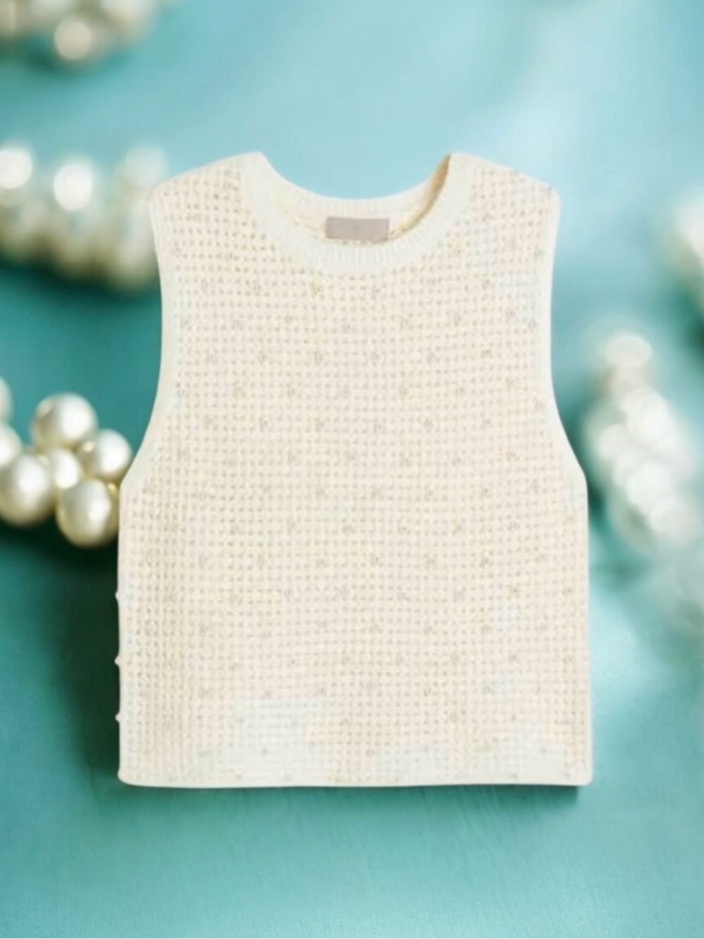 💗H&M Sleeveless Pearlescent Beads Embellished Boxy Sweater Vest • Ivory • Size M
